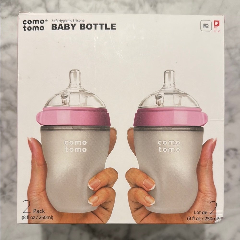 BNIB COMO TOMO Pink Silicone Baby Bottle 2-Pack